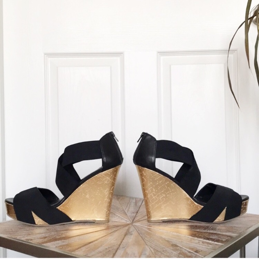 Shoe Dazzle Black and Gold Wedges